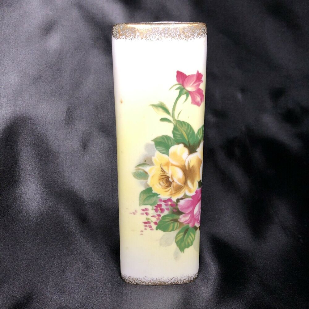 Floral Porcelain Bud Vase Yellow & Gold Triangle Hand Painted Norleans 1960s Vtg
